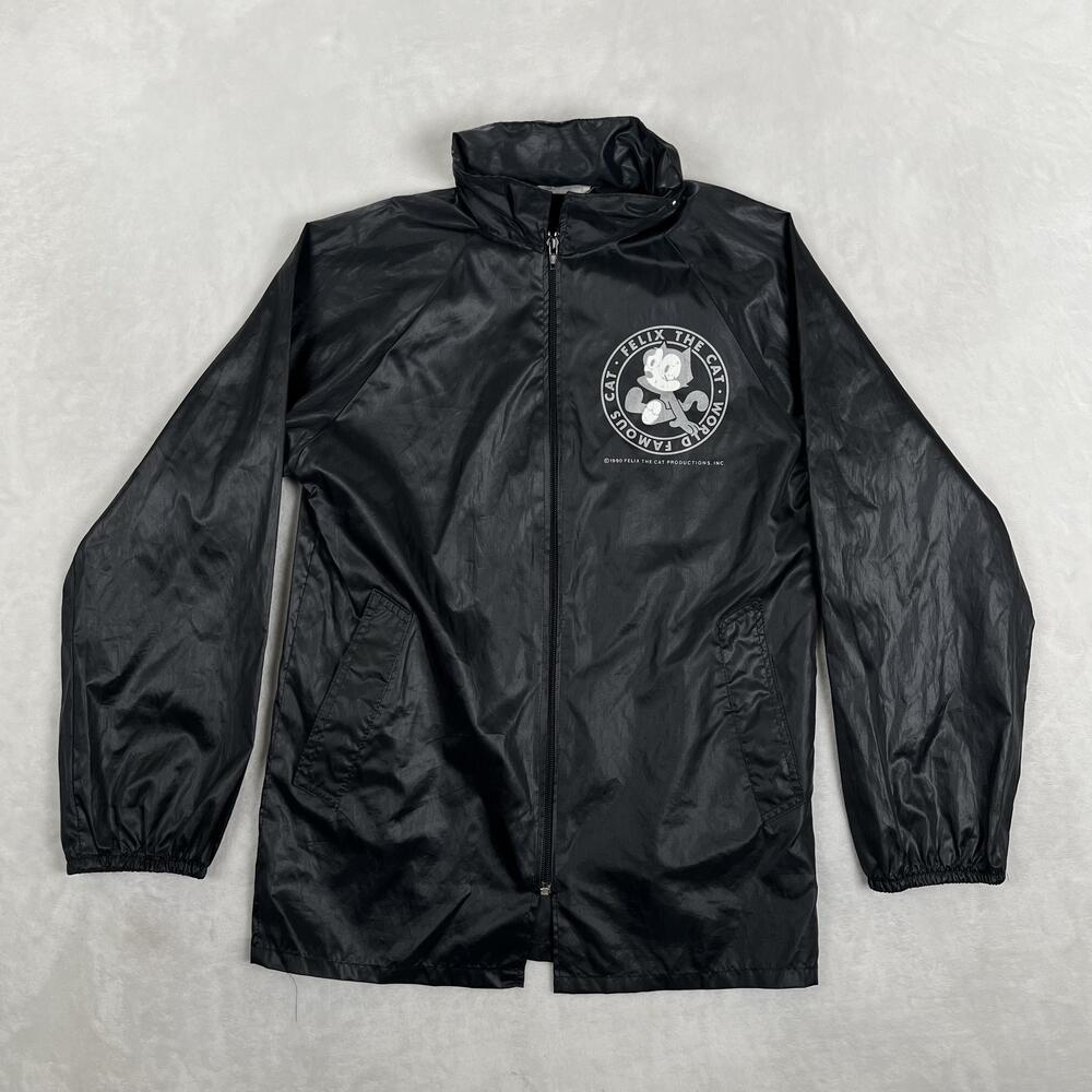 Vintage Felix The Cat Jacket Mens XS Black Hooded Nylon Windbreaker Cartoon 90s